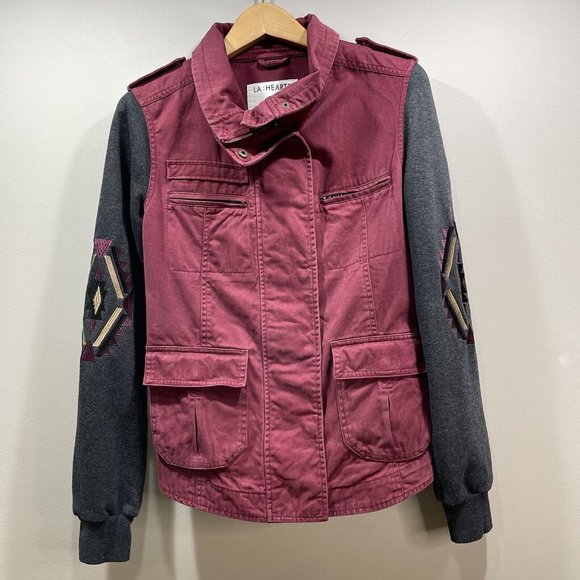 LA Hearts Womens M High Neck Embroidered Utility Jacket Boho Southwest Burgundy - Picture 10 of 12